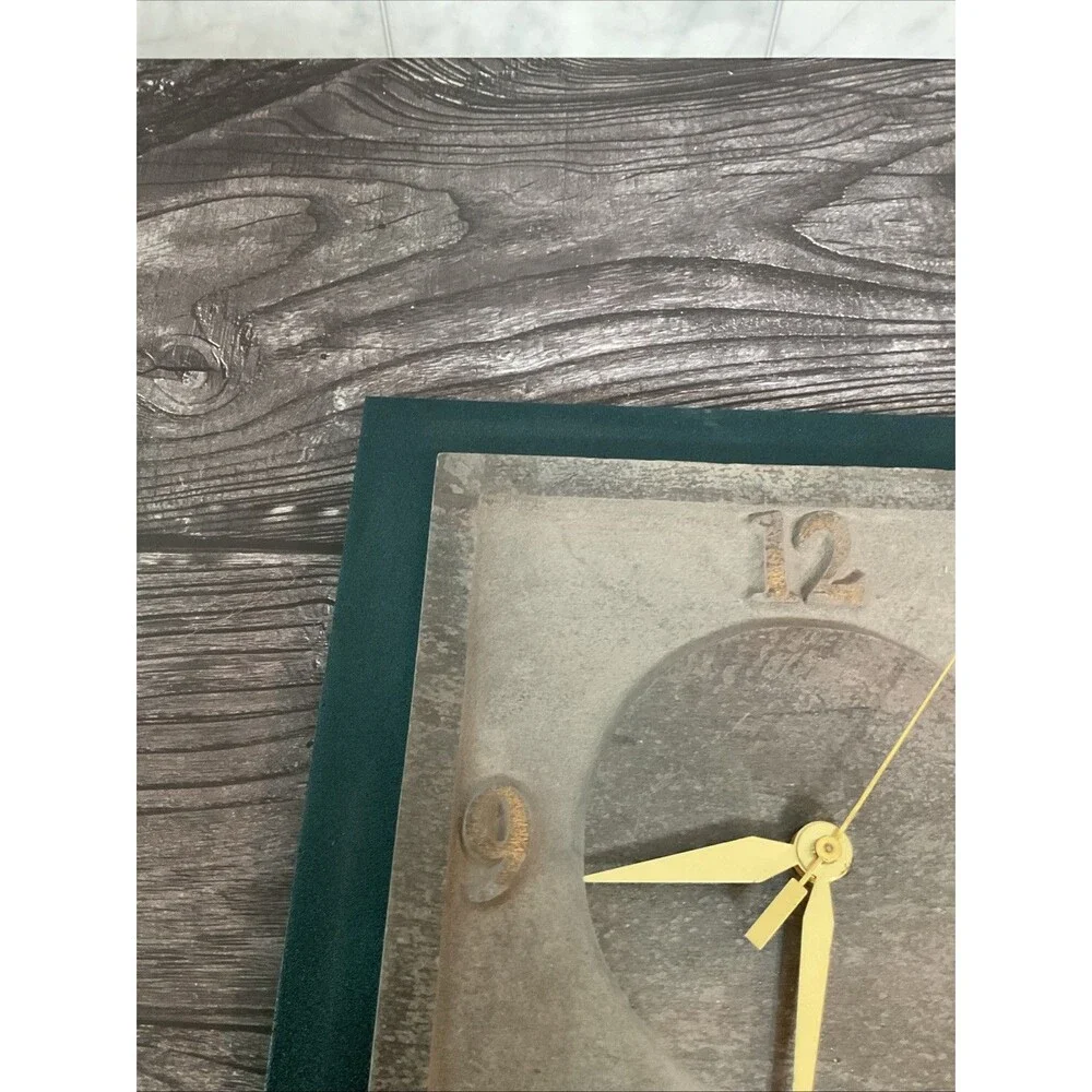 Rustic Slate,metal Clock W/ Green Border, Brownish Face,gold Brass Clock Hands
